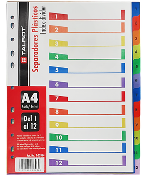Separador Plasticos A4/Carta Numeros 1-12