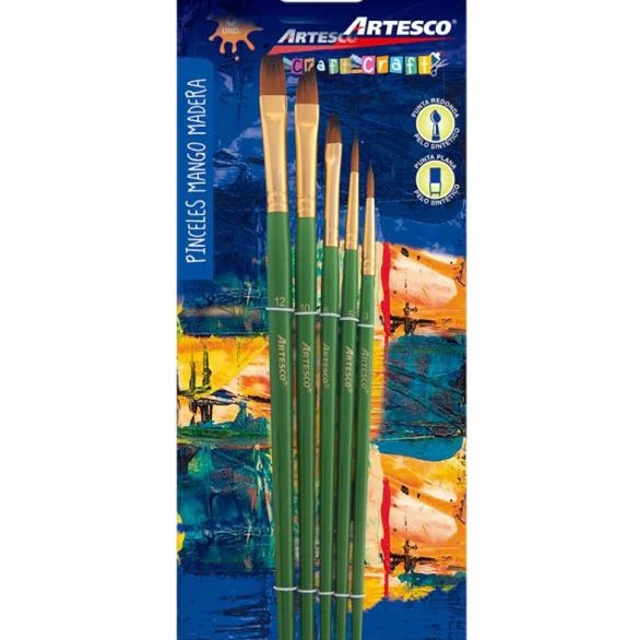ARTESCO JUEGO DE PINCELES PLANO/REDONDO 5/1 MANGO VERDE BL