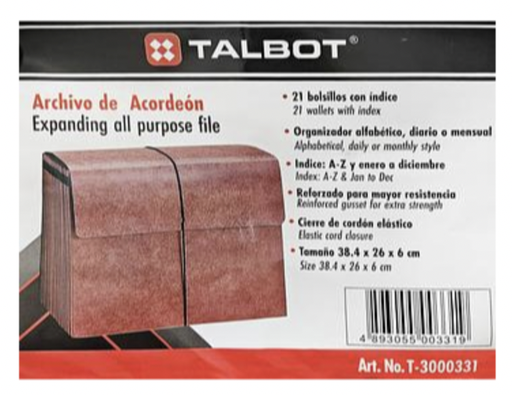 TALBOT ARCHIVO ACORDEON CARTON 21 BOLSILLO 8.5 X 14