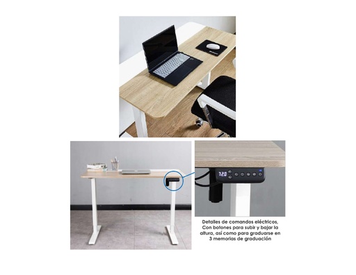 Mesa de altura graduable electrónica De 1.20 (48) x 0.60 (24”), tope SONOMA- franja blanca y estructura blanca, soporta hasta 40 libras. altura max 47.5" y min 28.5". Línea Unyka