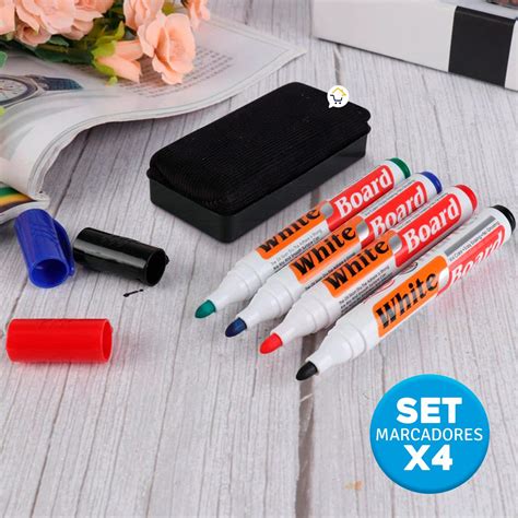 Set de 4 Marcadores de Pizarra 4 Colores + Borrador